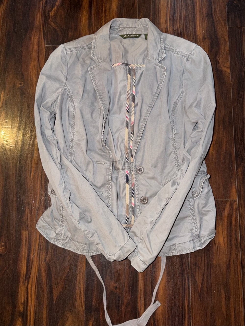 Eddie Bauer Gray Cotton Utility Blazer Jacket Tie Back Plaid Trim Women’s Small